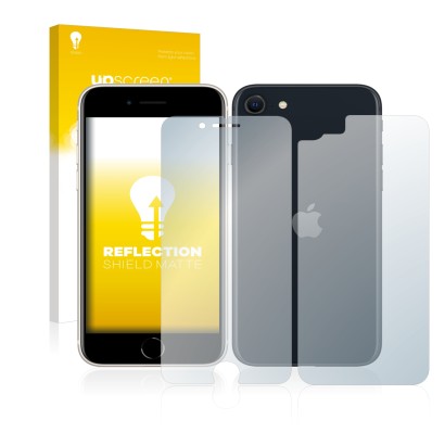 Parte frontal de un envase de producto con el logotipo de la marca upscreen. Al lado se muestra el dispositivo Apple iPhone SE