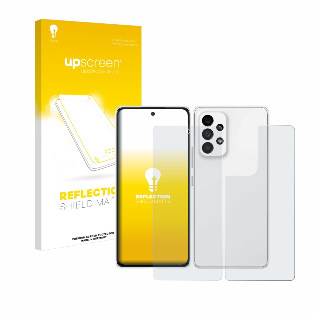Face avant d’un emballage produit avec le logo de la marque upscreen. À côté, l’appareil Samsung Galaxy A53 5G (Avant+Arrière)