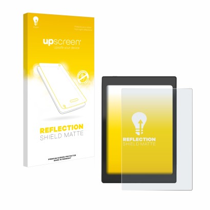 Vorderseite einer Produktverpackung mit dem Markenlogo upscreen. Daneben ist das Gerät Boox Nova Air C mit dem zugehörigen Dis