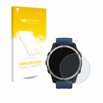 Parte frontal de un envase de producto con el logotipo de la marca upscreen. Al lado se muestra el dispositivo Garmin quatix 7