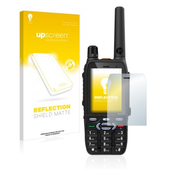 Parte frontal de un envase de producto con el logotipo de la marca upscreen. Al lado se muestra el dispositivo Motorola MXP600