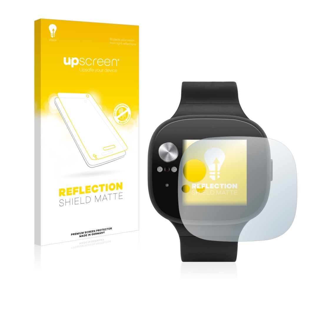 Parte frontal de un envase de producto con el logotipo de la marca upscreen. Al lado se muestra el dispositivo ASUS Vivowatch 