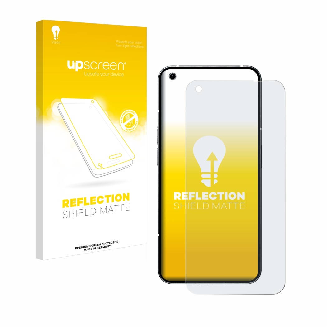 Face avant d’un emballage produit avec le logo de la marque upscreen. À côté, l’appareil Nothing Phone (1) est représenté avec