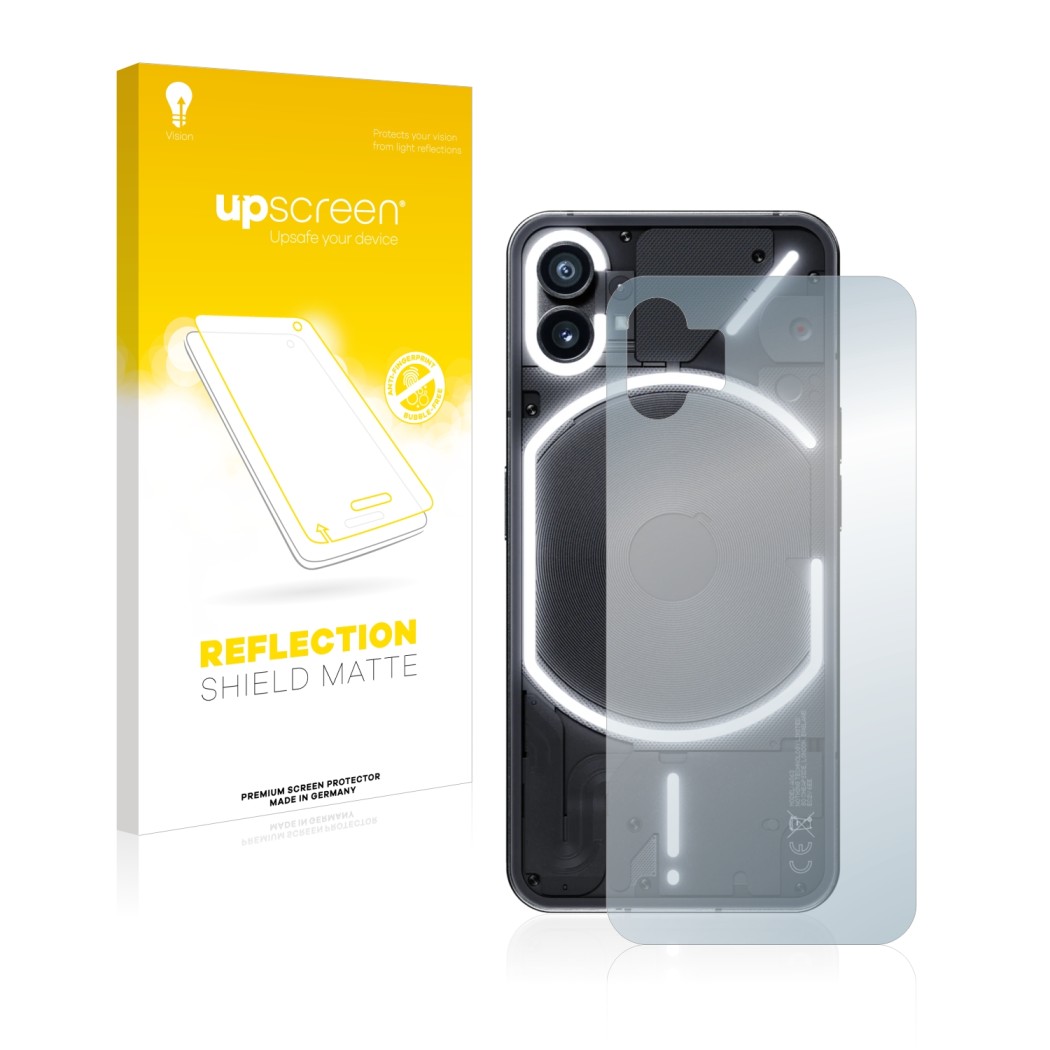 Face avant d’un emballage produit avec le logo de la marque upscreen. À côté, l’appareil Nothing Phone (1) (Arrière) est repré