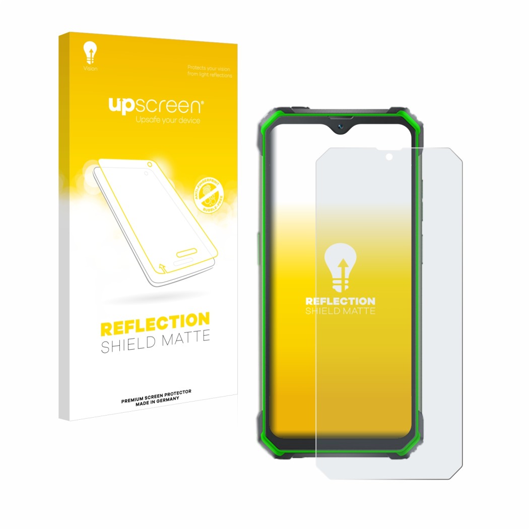 Face avant d’un emballage produit avec le logo de la marque upscreen. À côté, l’appareil Blackview BV7100 est représenté avec 