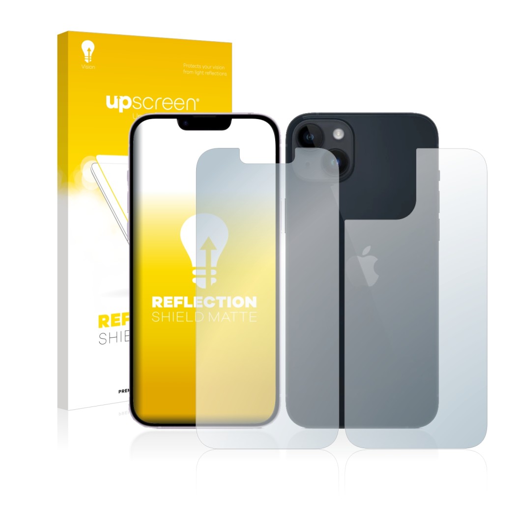 Vorderseite einer Produktverpackung mit dem Markenlogo upscreen. Daneben ist das Gerät Apple iPhone 14 (Display+Rückseite) mit