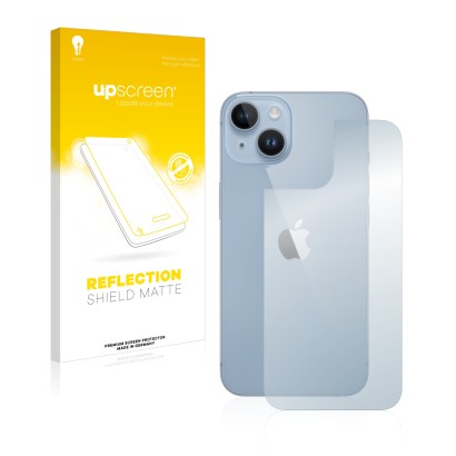 Vorderseite einer Produktverpackung mit dem Markenlogo upscreen. Daneben ist das Gerät Apple iPhone 14 (Rückseite) mit dem zug