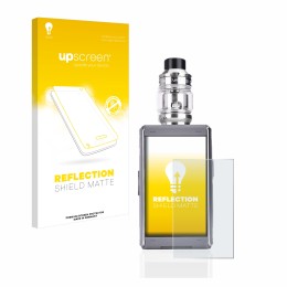 Parte frontal de un envase de producto con el logotipo de la marca upscreen. Al lado se muestra el dispositivo GeekVape T200 c