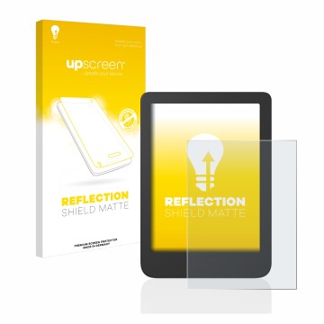 Vorderseite einer Produktverpackung mit dem Markenlogo upscreen. Daneben ist das Gerät Tolino Shine 4 mit dem zugehörigen Disp