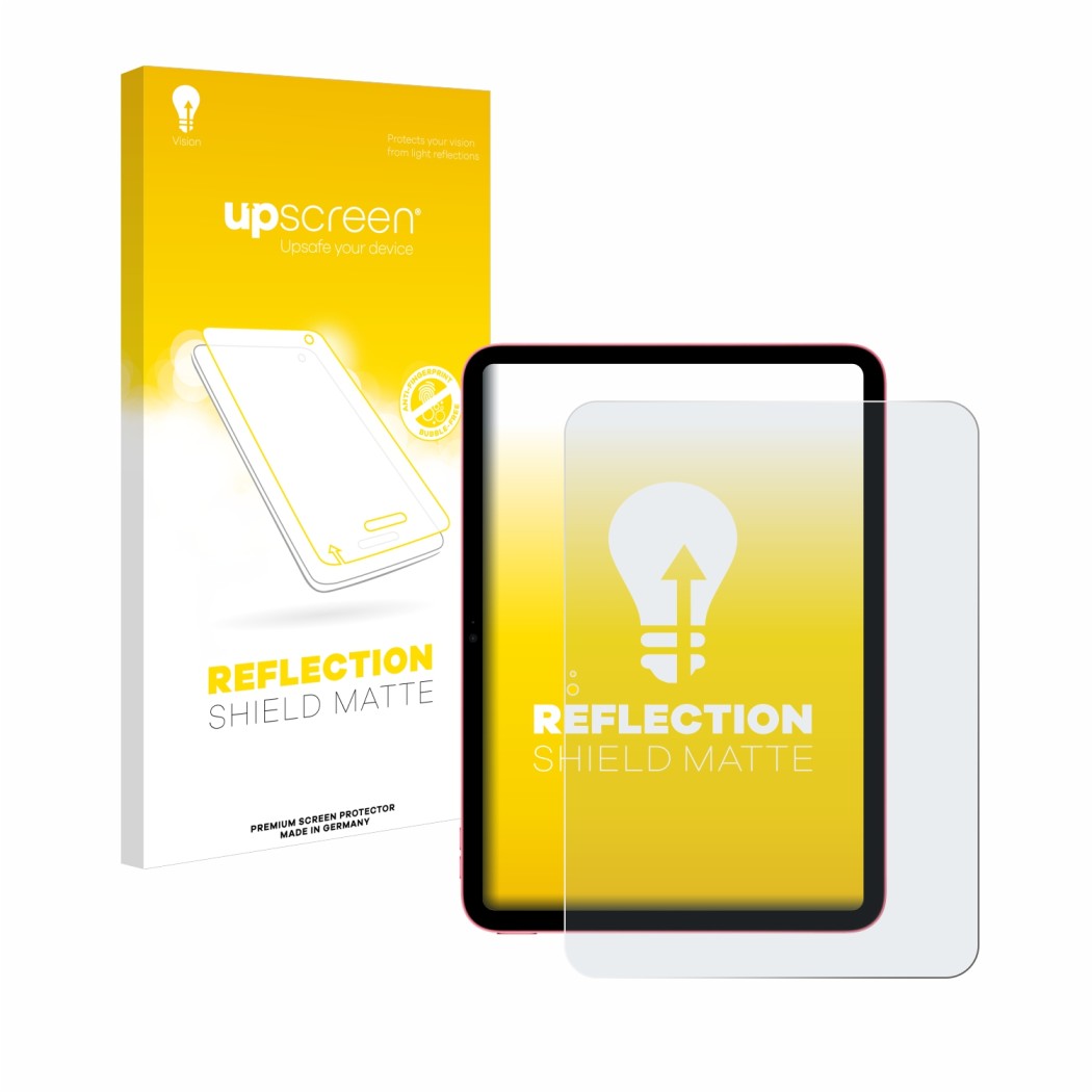 Vorderseite einer Produktverpackung mit dem Markenlogo upscreen. Daneben ist das Gerät Apple iPad 10.9