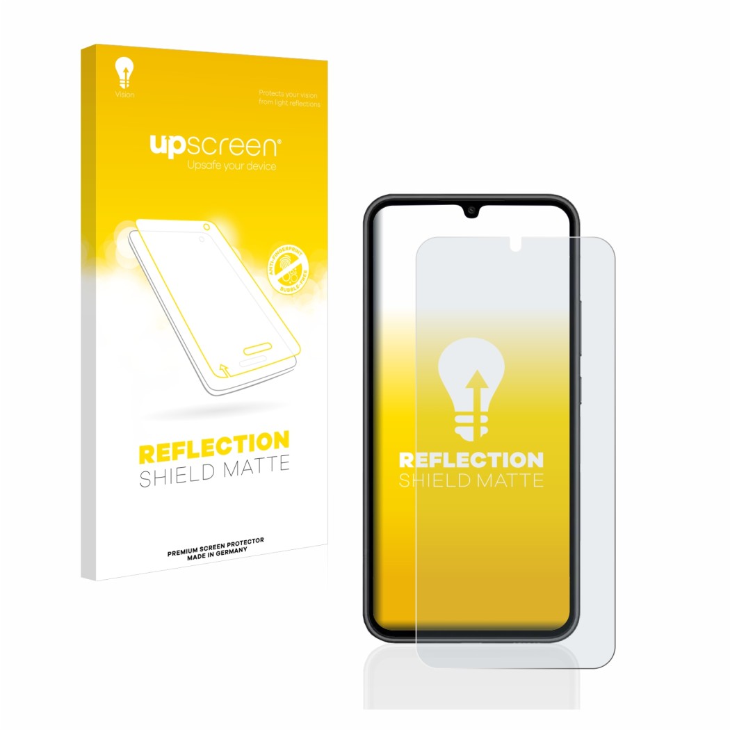 Front side of a product packaging with the brand logo upscreen. Next to it is the device Samsung Galaxy A34 5G shown with the 