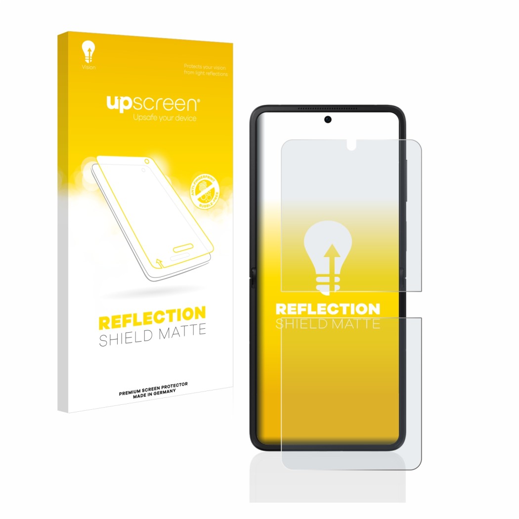 Vorderseite einer Produktverpackung mit dem Markenlogo upscreen. Daneben ist das Gerät Oppo Find N2 Flip mit dem zugehörigen D