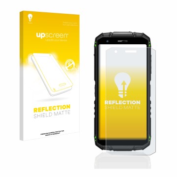 Vorderseite einer Produktverpackung mit dem Markenlogo upscreen. Daneben ist das Gerät Doogee S41 Pro mit dem zugehörigen Disp