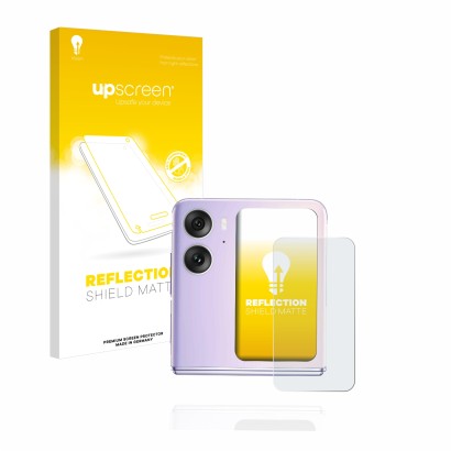 Vorderseite einer Produktverpackung mit dem Markenlogo upscreen. Daneben ist das Gerät Oppo Find N2 Flip (Hinteres Display) mi