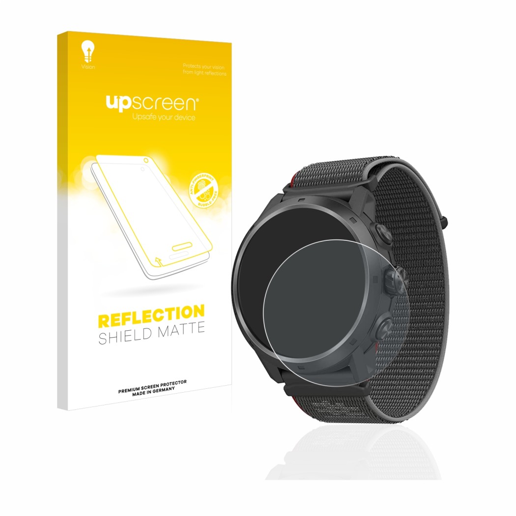 Face avant d’un emballage produit avec le logo de la marque upscreen. À côté, l’appareil Coros Apex 2 Pro est représenté avec 