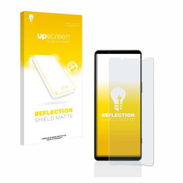 Vorderseite einer Produktverpackung mit dem Markenlogo upscreen. Daneben ist das Gerät Sony Xperia 1 V mit dem zugehörigen Dis