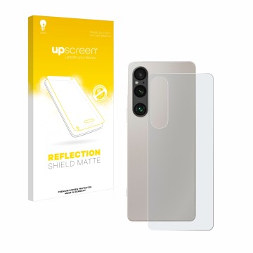 Face avant d’un emballage produit avec le logo de la marque upscreen. À côté, l’appareil Sony Xperia 1 V (Arrière) est représe