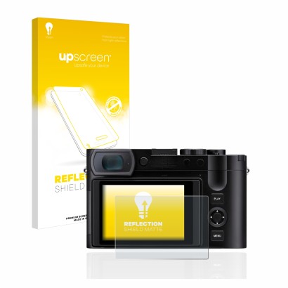 Parte frontale di una confezione del prodotto con il logo del marchio upscreen. Accanto è raffigurato il dispositivo Leica Q3 