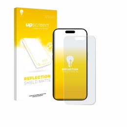 Parte frontal de un envase de producto con el logotipo de la marca upscreen. Al lado se muestra el dispositivo Apple iPhone 15