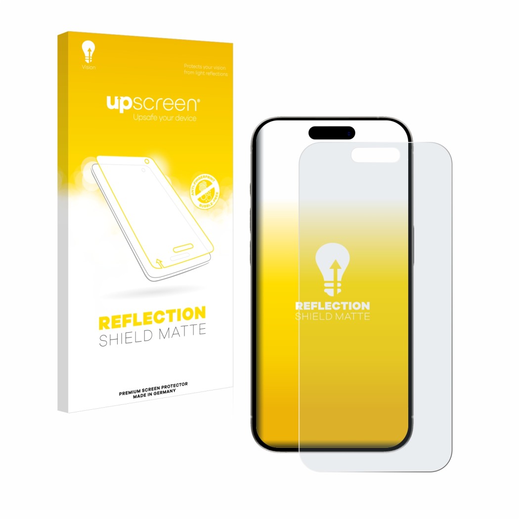 Vorderseite einer Produktverpackung mit dem Markenlogo upscreen. Daneben ist das Gerät Apple iPhone 15 Pro mit dem zugehörigen