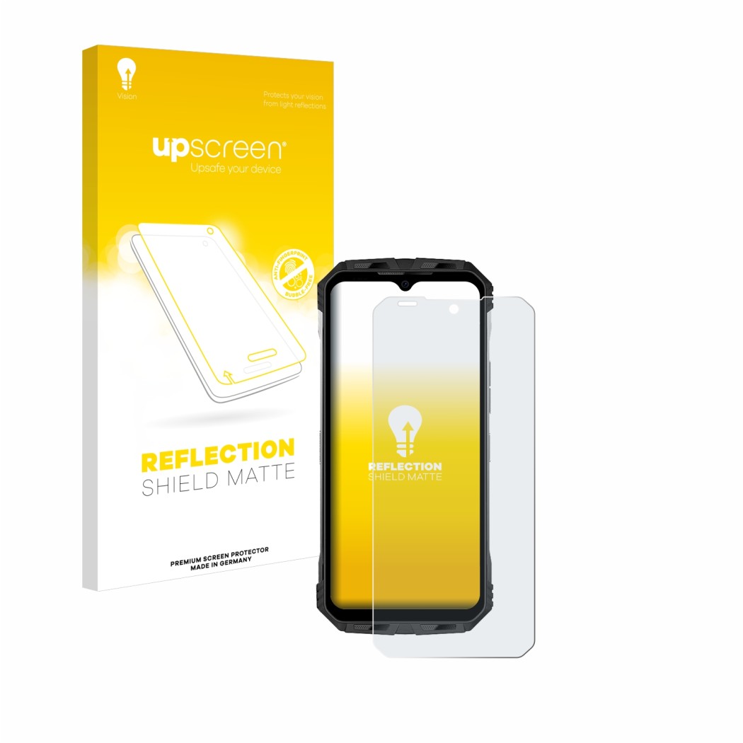 Parte frontale di una confezione del prodotto con il logo del marchio upscreen. Accanto è raffigurato il dispositivo Doogee S1