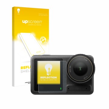 Face avant d’un emballage produit avec le logo de la marque upscreen. À côté, l’appareil DJI Osmo Action 4 (Affichage avant) e