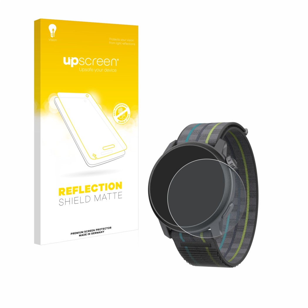 Parte frontale di una confezione del prodotto con il logo del marchio upscreen. Accanto è raffigurato il dispositivo Coros Pac