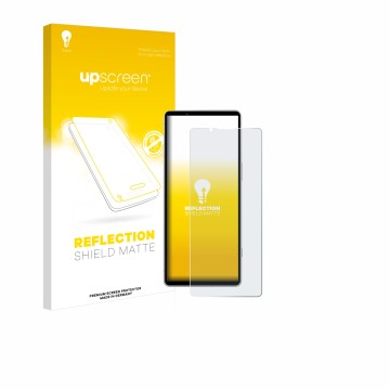 Vorderseite einer Produktverpackung mit dem Markenlogo upscreen. Daneben ist das Gerät Sony Xperia 5 V mit dem zugehörigen Dis