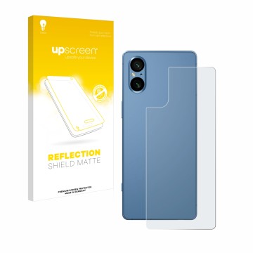 Vorderseite einer Produktverpackung mit dem Markenlogo upscreen. Daneben ist das Gerät Sony Xperia 5 V (Rückseite) mit dem zug