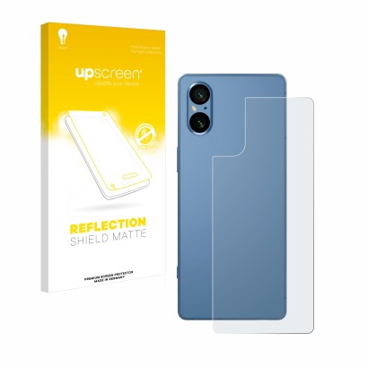 Vorderseite einer Produktverpackung mit dem Markenlogo upscreen. Daneben ist das Gerät Sony Xperia 5 V (Rückseite) mit dem zug