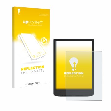 Parte frontal de un envase de producto con el logotipo de la marca upscreen. Al lado se muestra el dispositivo PocketBook InkP