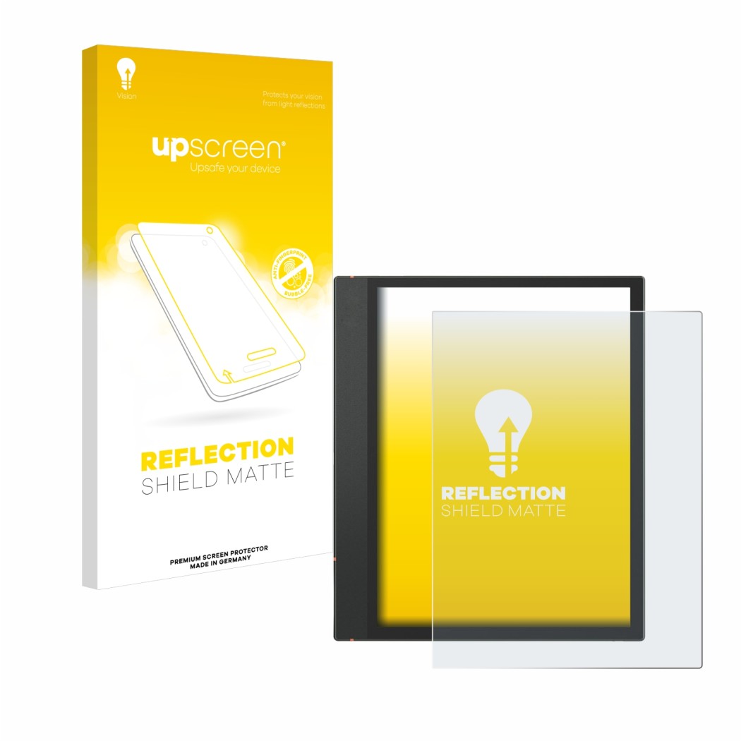 Parte frontale di una confezione del prodotto con il logo del marchio upscreen. Accanto è raffigurato il dispositivo Boox Note