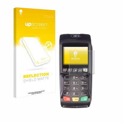 Vorderseite einer Produktverpackung mit dem Markenlogo upscreen. Daneben ist das Gerät ingenico Desk/3500 mit dem zugehörigen