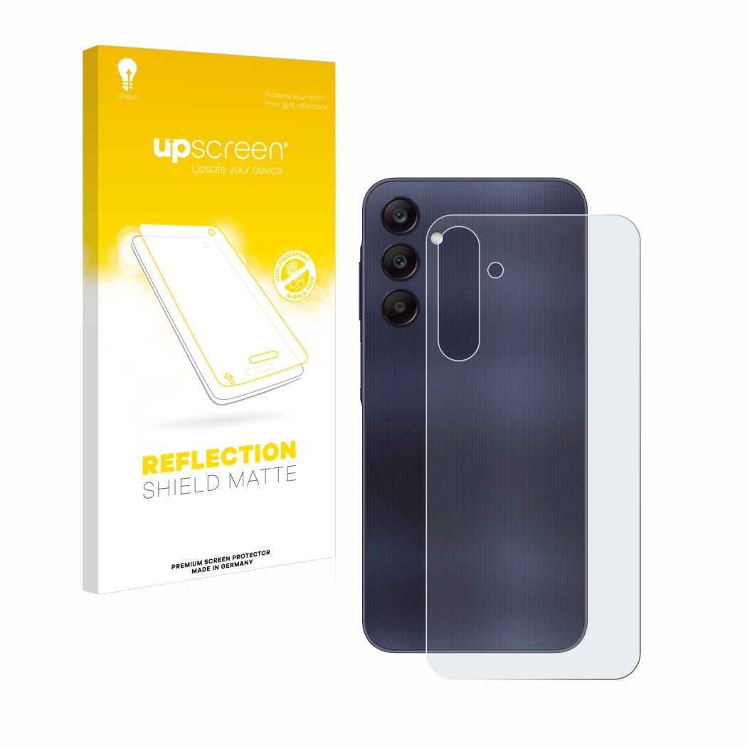 Vorderseite einer Produktverpackung mit dem Markenlogo upscreen. Daneben ist das Gerät Samsung Galaxy A25 5G (Rückseite) mit d