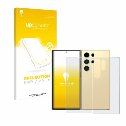 Parte frontal de un envase de producto con el logotipo de la marca upscreen. Al lado se muestra el dispositivo Samsung Galaxy 