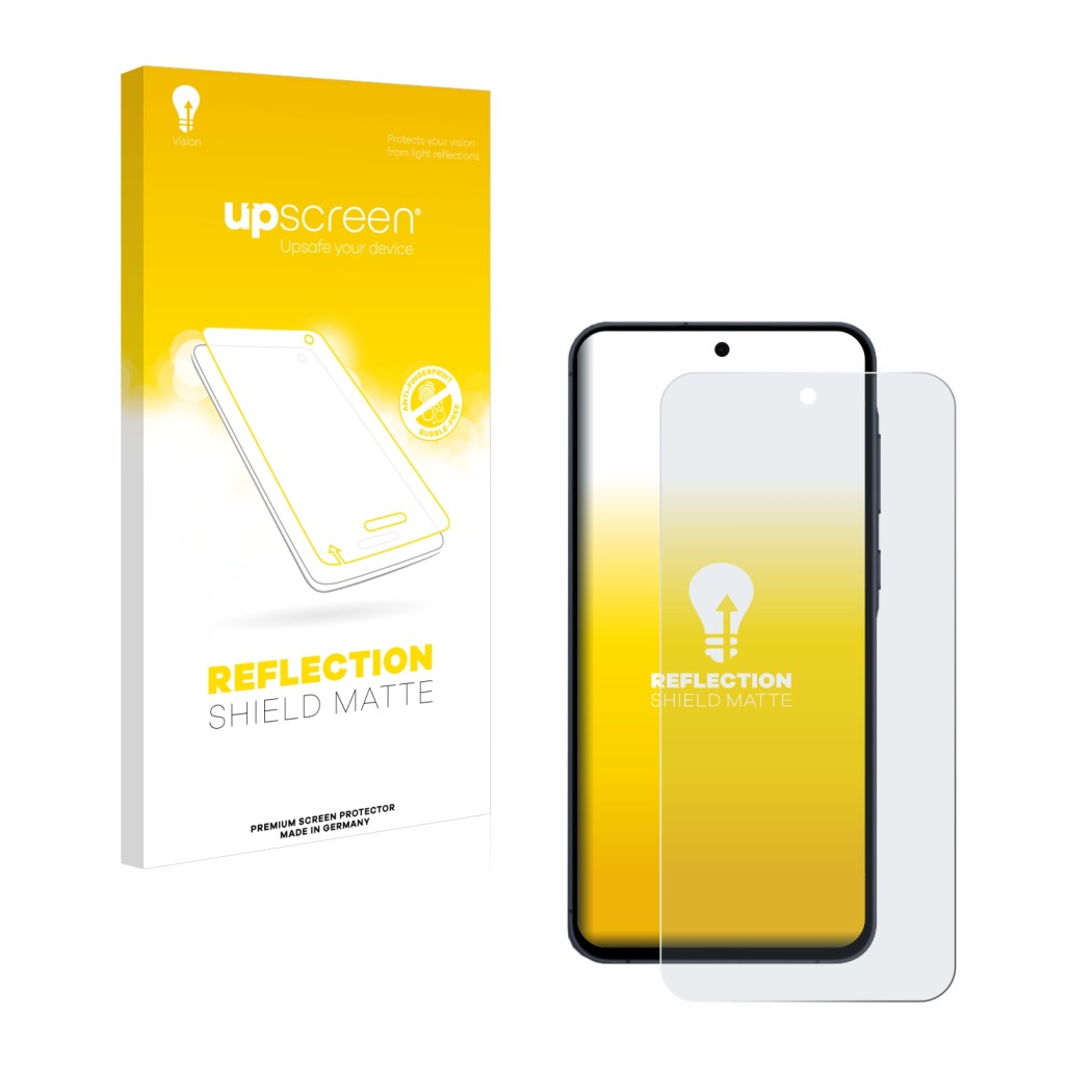 Parte frontal de un envase de producto con el logotipo de la marca upscreen. Al lado se muestra el dispositivo Samsung Galaxy 