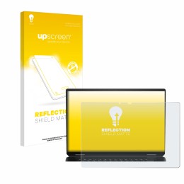 Parte frontal de un envase de producto con el logotipo de la marca upscreen. Al lado se muestra el dispositivo HP Spectre x360
