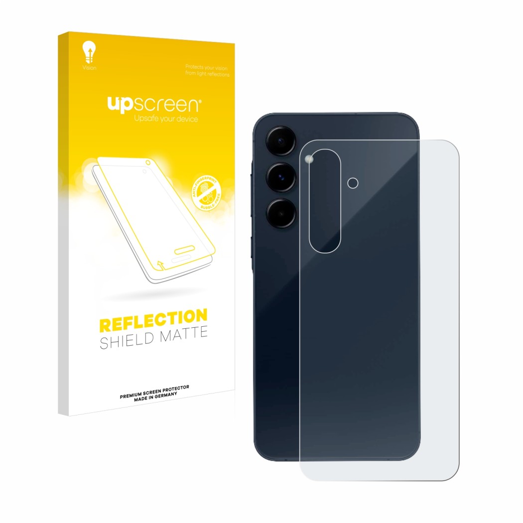 Parte frontal de un envase de producto con el logotipo de la marca upscreen. Al lado se muestra el dispositivo Samsung Galaxy 