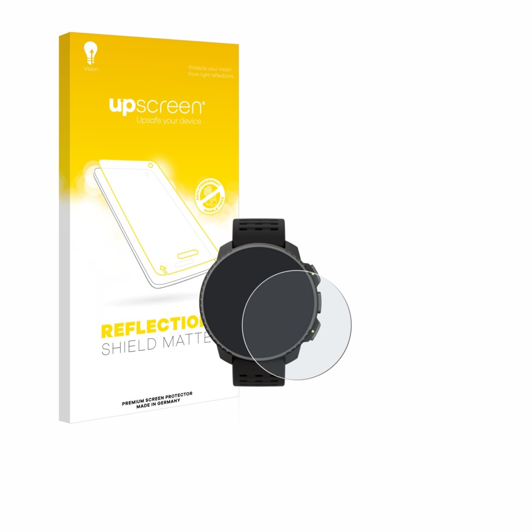 Parte frontal de un envase de producto con el logotipo de la marca upscreen. Al lado se muestra el dispositivo Suunto Vertical