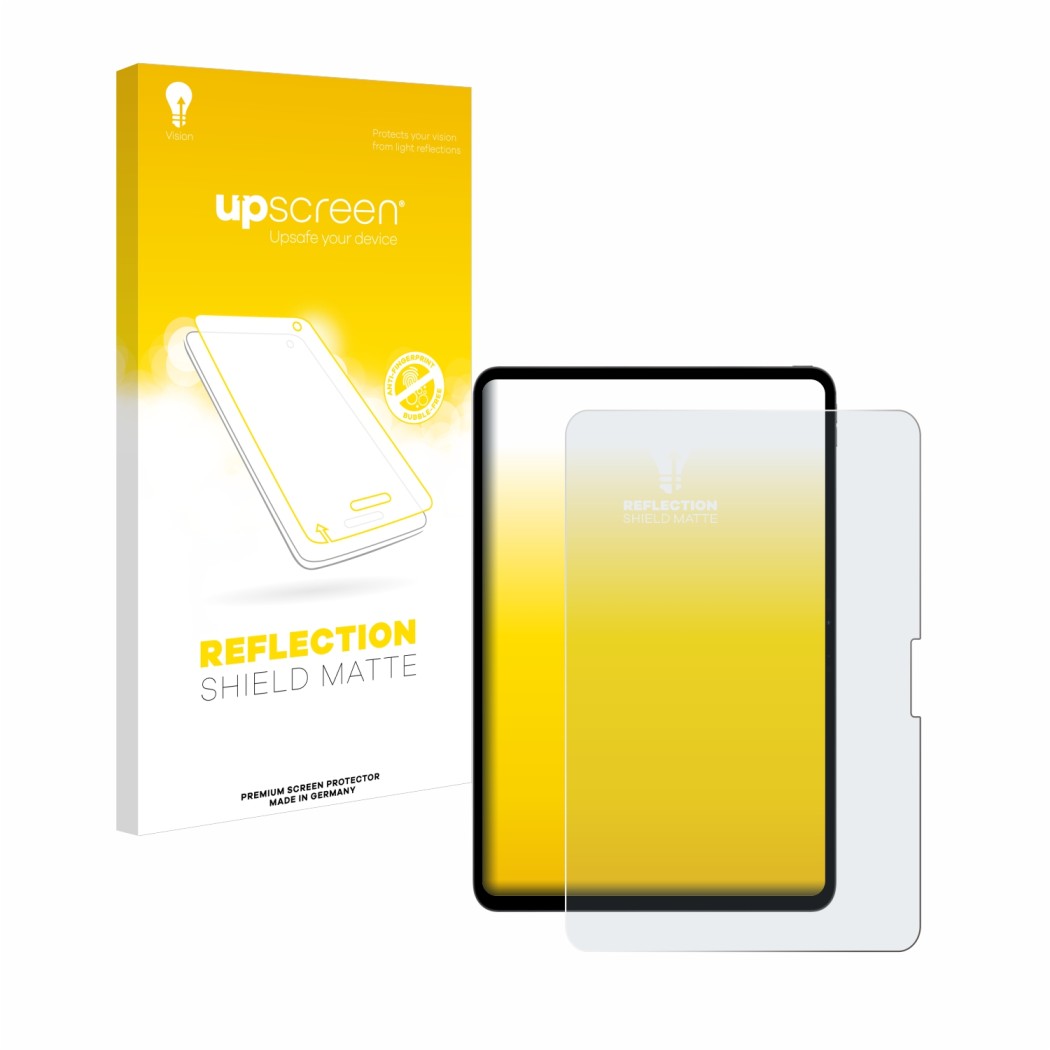 Face avant d’un emballage produit avec le logo de la marque upscreen. À côté, l’appareil Apple iPad Pro 13