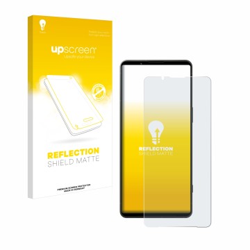 Vorderseite einer Produktverpackung mit dem Markenlogo upscreen. Daneben ist das Gerät Sony Xperia 1 VI mit dem zugehörigen Di