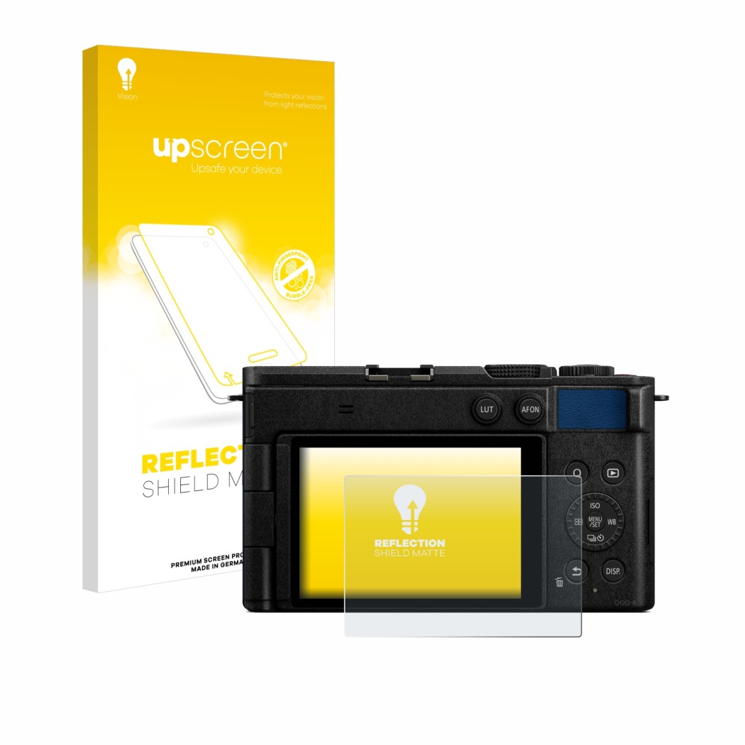 Face avant d’un emballage produit avec le logo de la marque upscreen. À côté, l’appareil Panasonic Lumix DC-S9 est représenté 