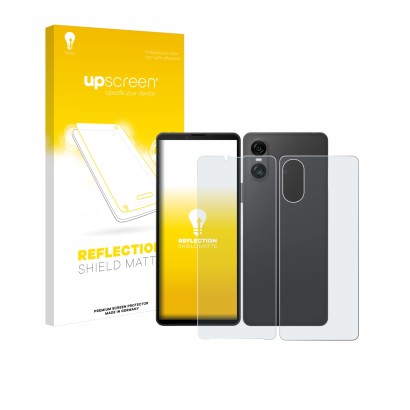 Parte frontal de un envase de producto con el logotipo de la marca upscreen. Al lado se muestra el dispositivo Sony Xperia 10 