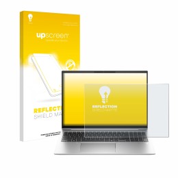 Parte frontal de un envase de producto con el logotipo de la marca upscreen. Al lado se muestra el dispositivo HP EliteBook 86
