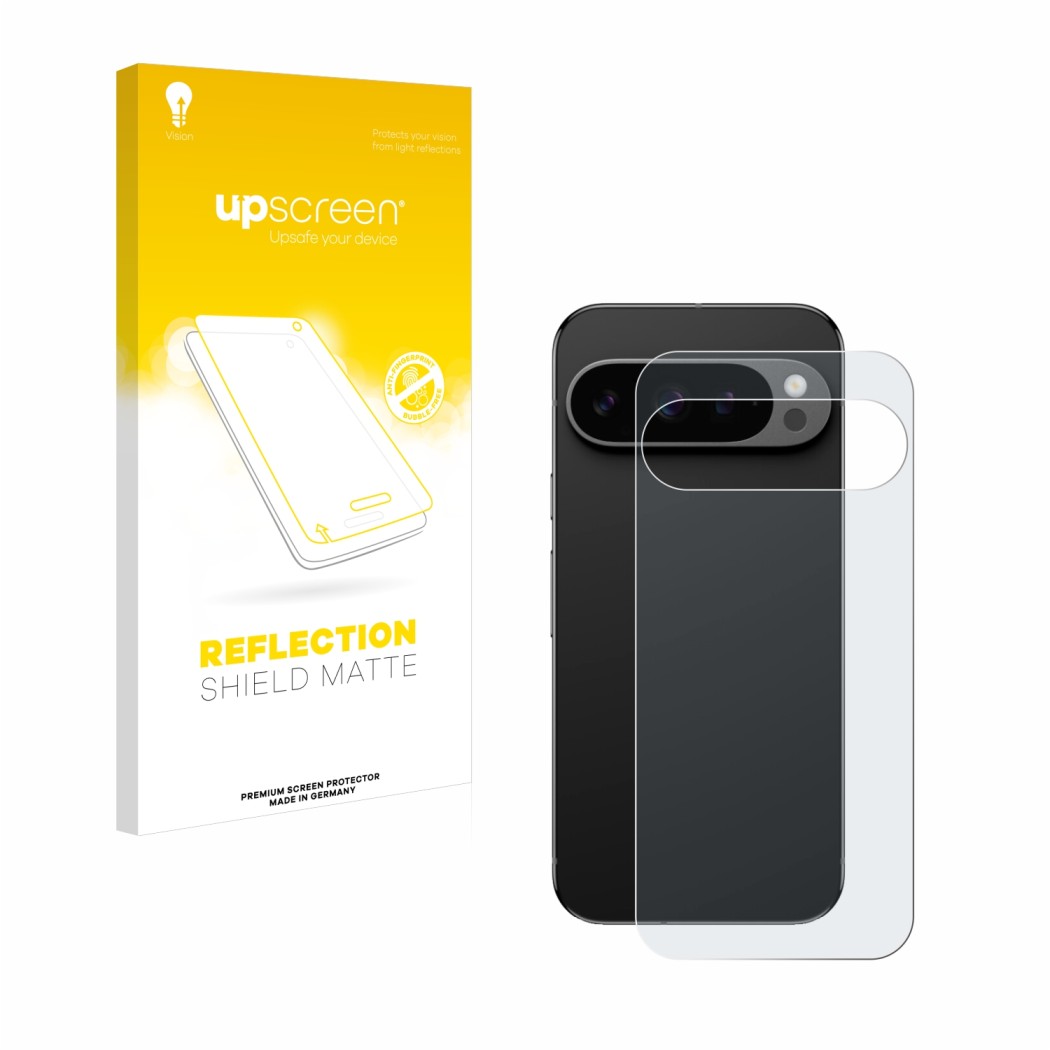 Face avant d’un emballage produit avec le logo de la marque upscreen. À côté, l’appareil Google Pixel 9 Pro (Arrière) est repr