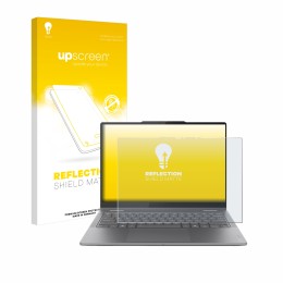 Parte frontal de un envase de producto con el logotipo de la marca upscreen. Al lado se muestra el dispositivo Lenovo Yoga 7i 