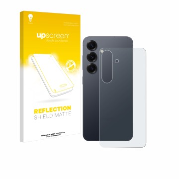Vorderseite einer Produktverpackung mit dem Markenlogo upscreen. Daneben ist das Gerät Samsung Galaxy S25 (Rückseite) mit dem 