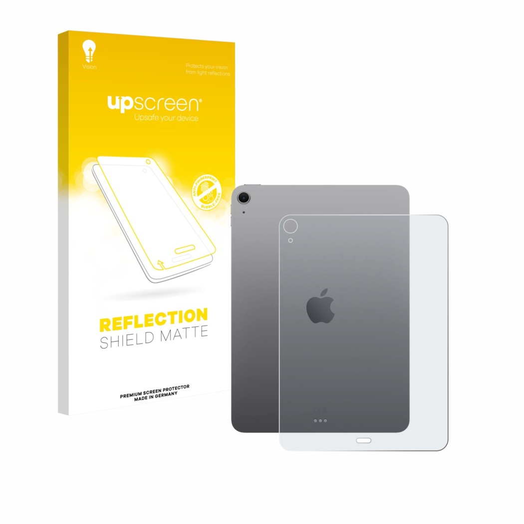 Parte frontale di una confezione del prodotto con il logo del marchio upscreen. Accanto è raffigurato il dispositivo Apple iPa
