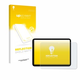 Parte frontal de un envase de producto con el logotipo de la marca upscreen. Al lado se muestra el dispositivo Apple iPad A16 