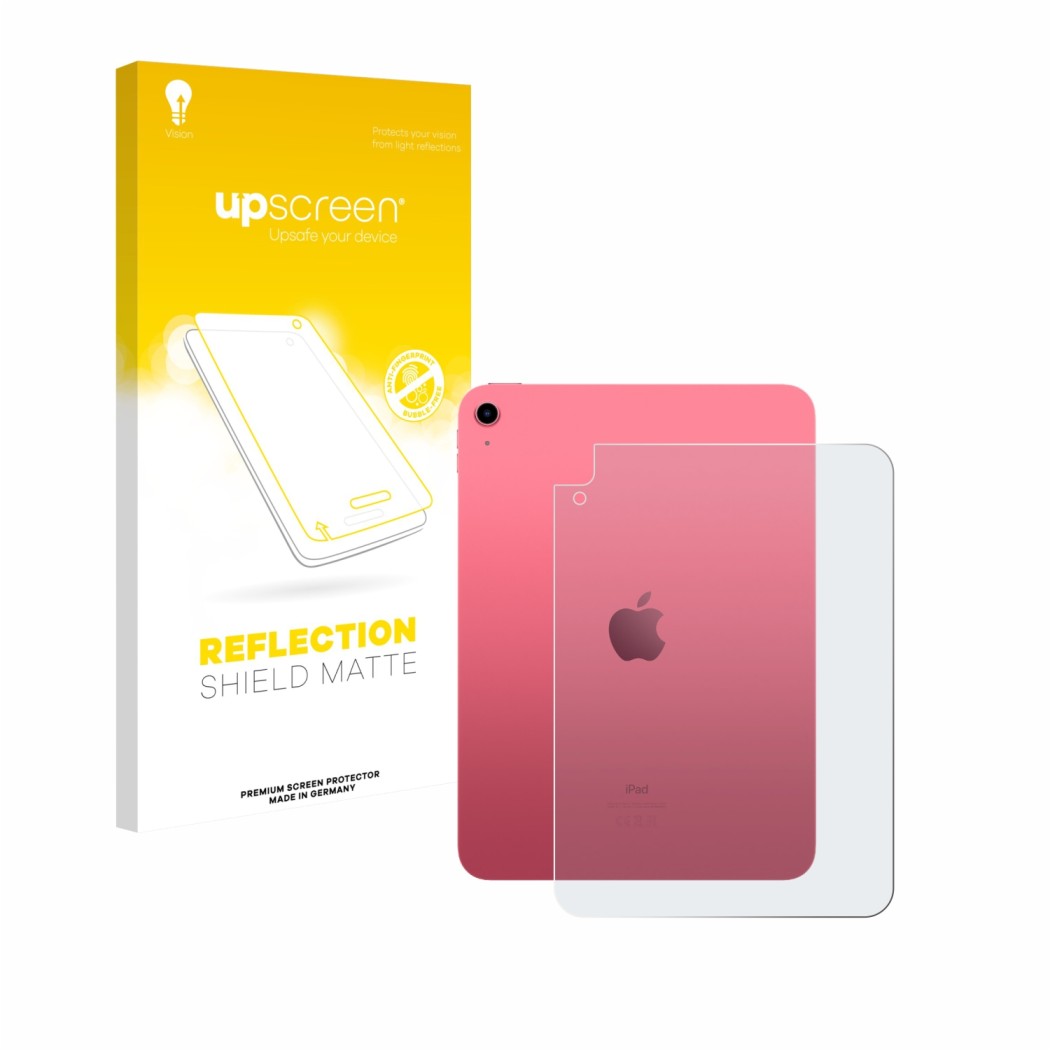 Parte frontal de un envase de producto con el logotipo de la marca upscreen. Al lado se muestra el dispositivo Apple iPad A16 